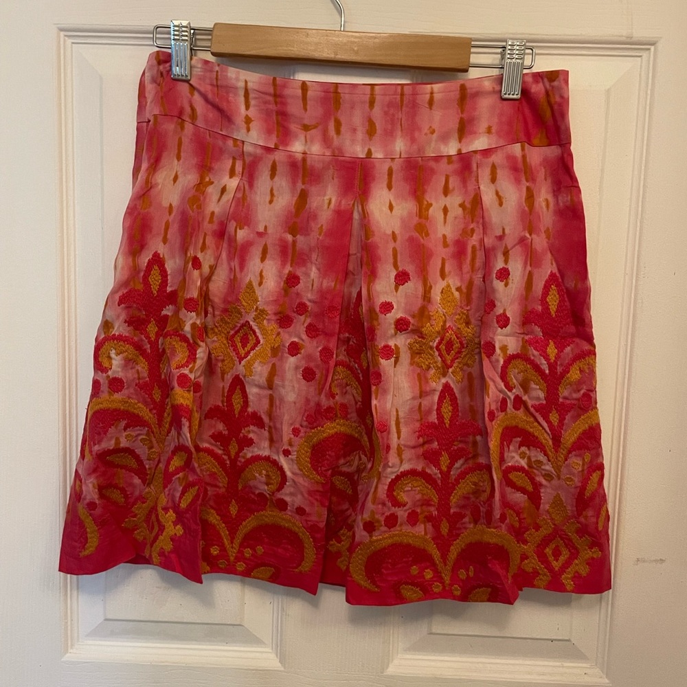 Beth Rowley pink embroidered silk blend boho mini skirt
